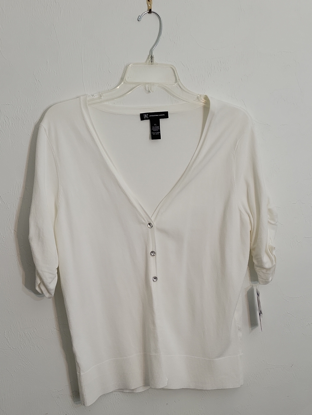 INC International Concepts White V-Neck 3-Button Short Sleeve Knit Top
